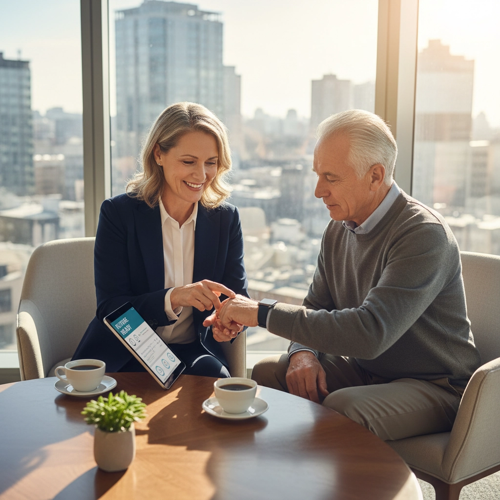 A financial advisor helping a retiree set up a wearable payment device